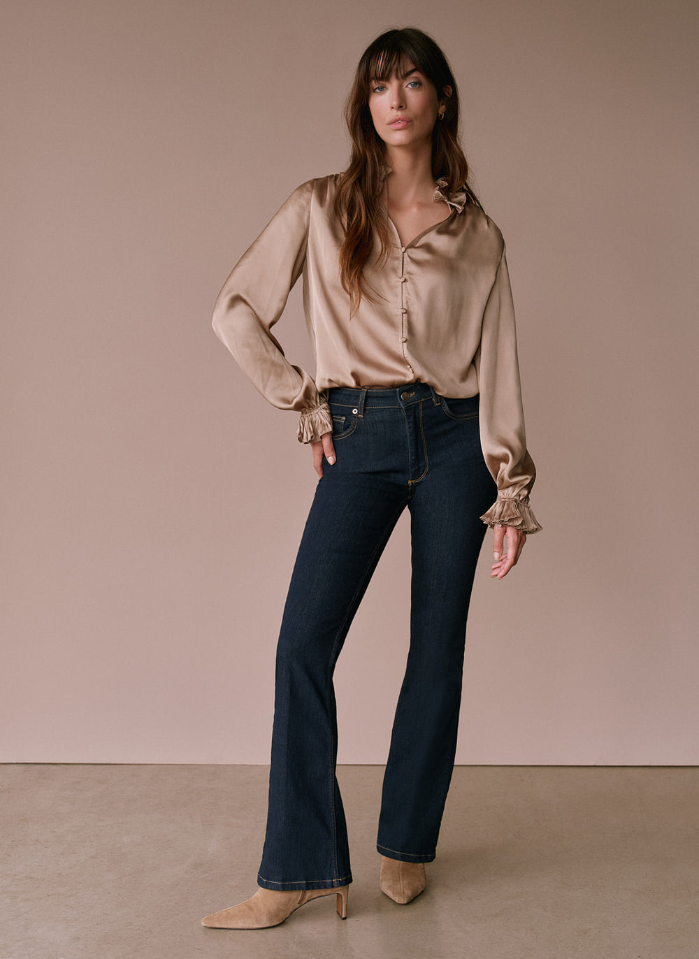 Gold Ruffle Detail Satin Blouse