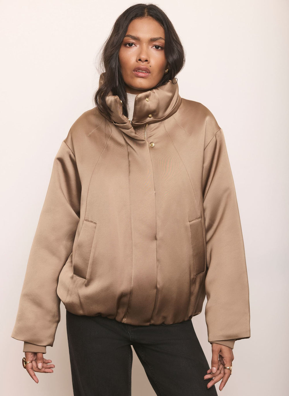 Gold Satin Funnel Neck Bomber Jacket