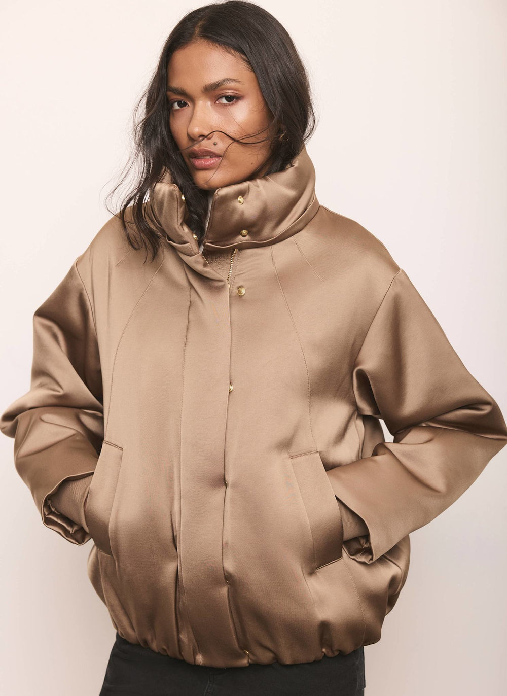 Gold Satin Funnel Neck Bomber Jacket