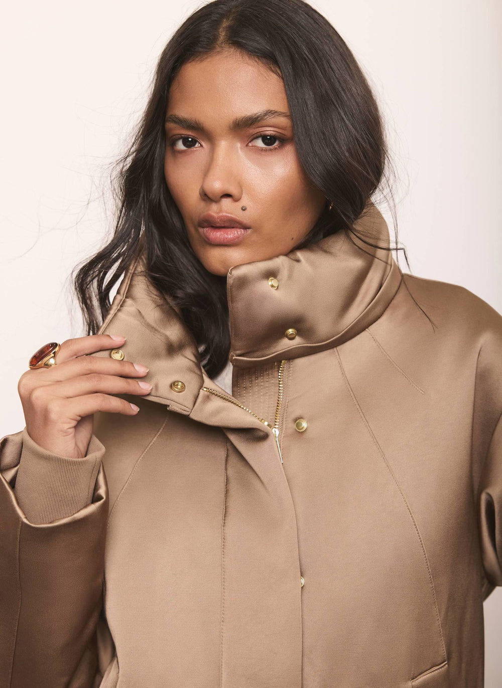 Gold Satin Funnel Neck Bomber Jacket