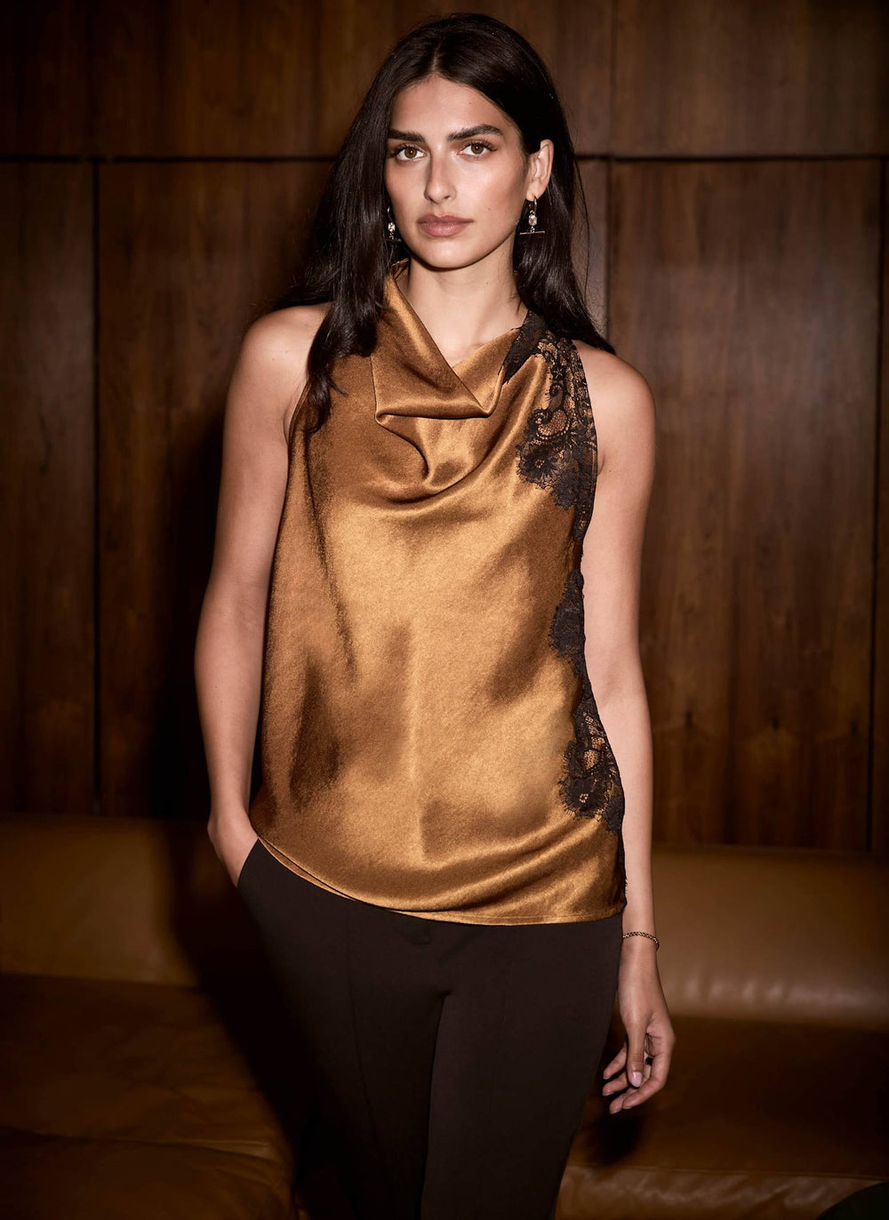 Gold Satin Lace Detail Halter Top