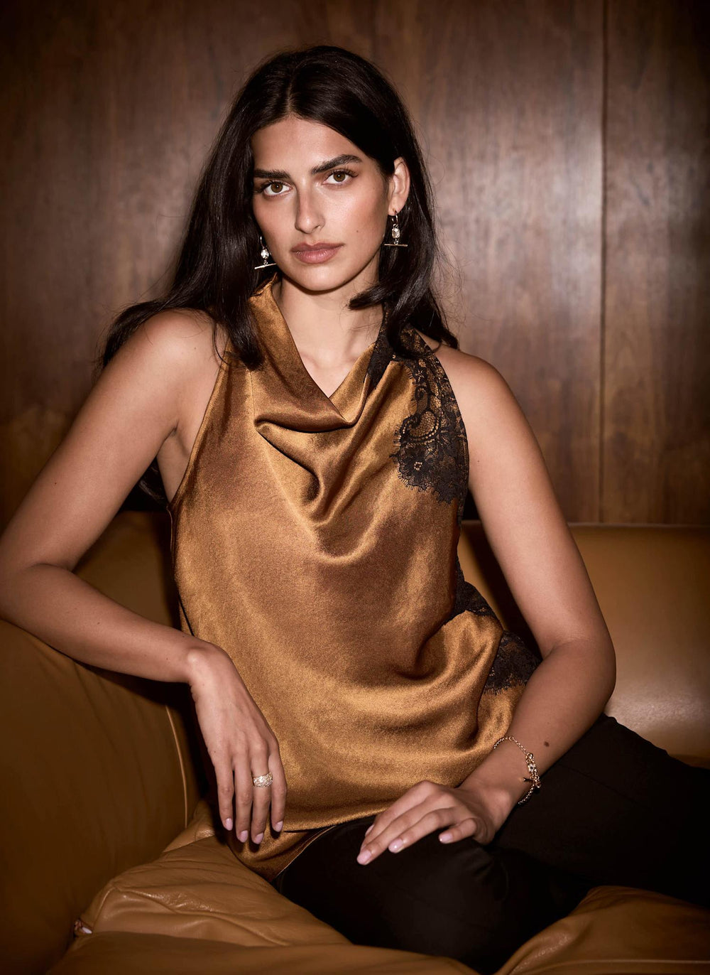 Gold Satin Lace Detail Halter Top