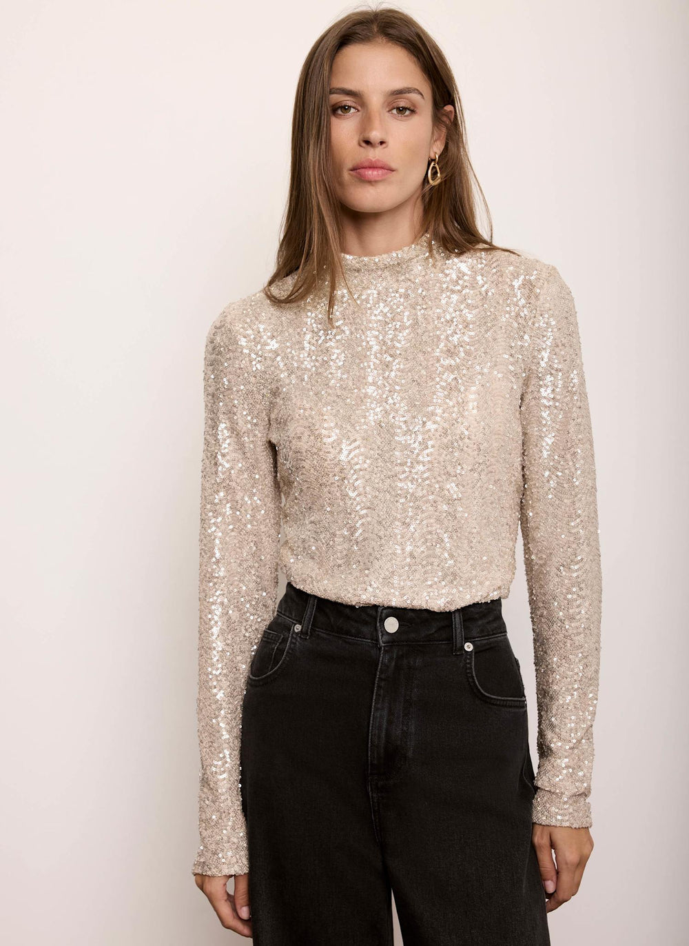 Gold Sequin Embellished High Neck Top