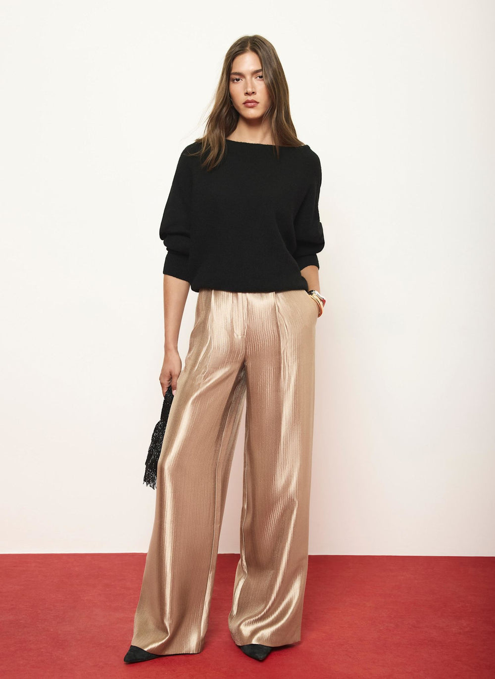 Gold Metallic Pleated Wide Leg Trousers