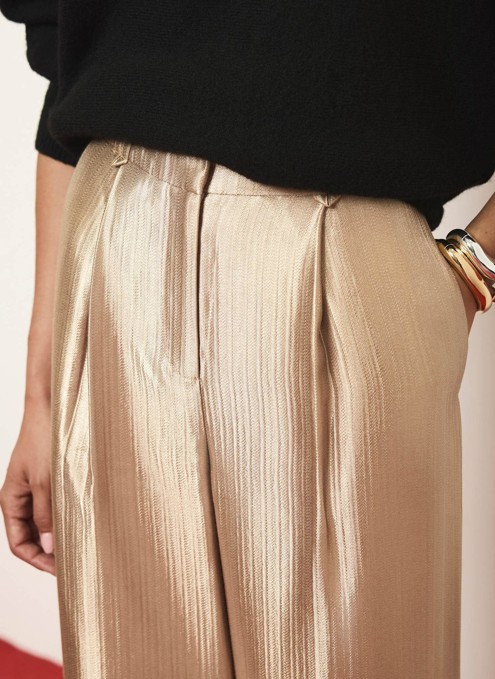 Gold Metallic Pleated Wide Leg Trousers