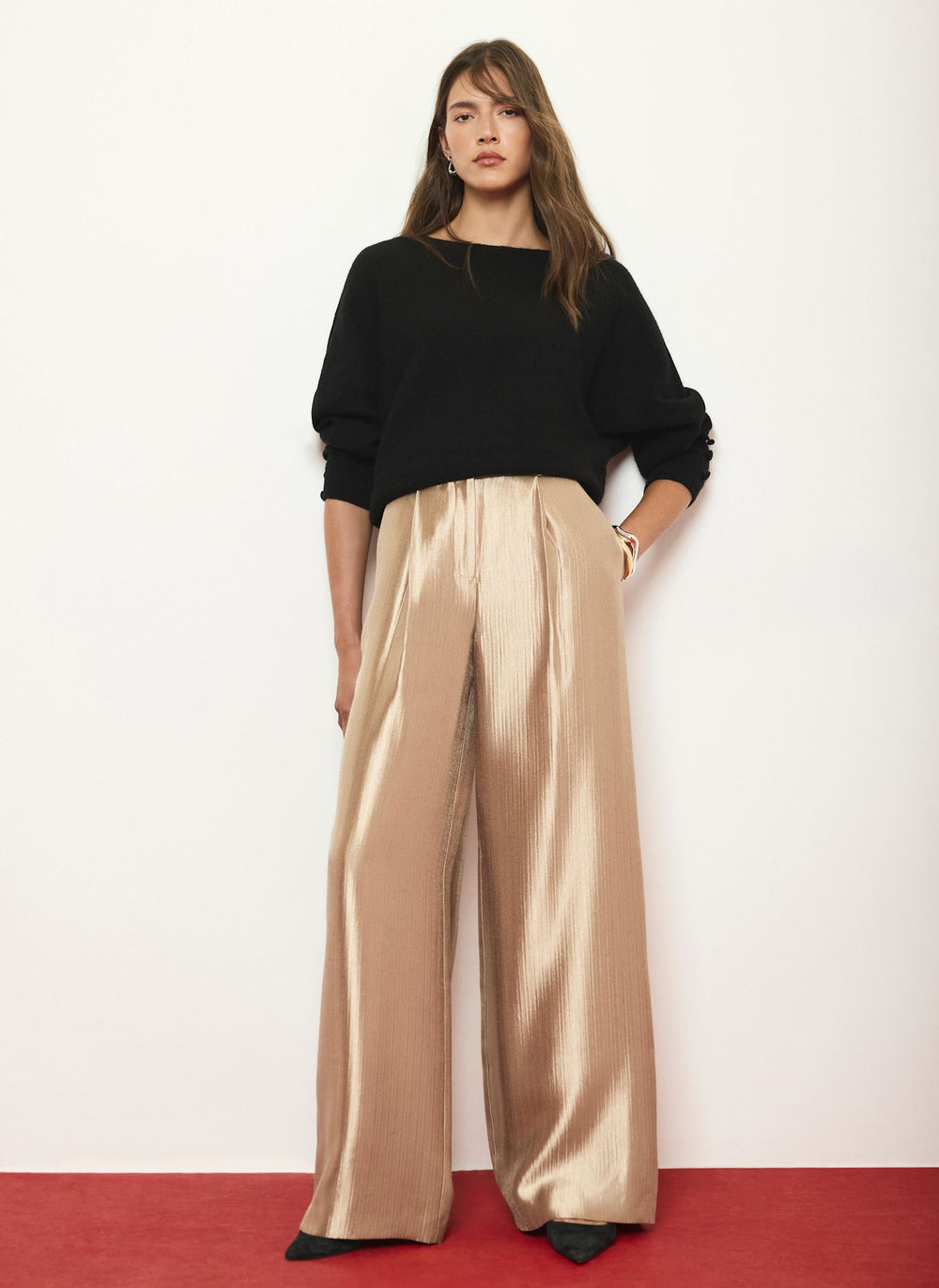 Gold Metallic Pleated Wide Leg Trousers