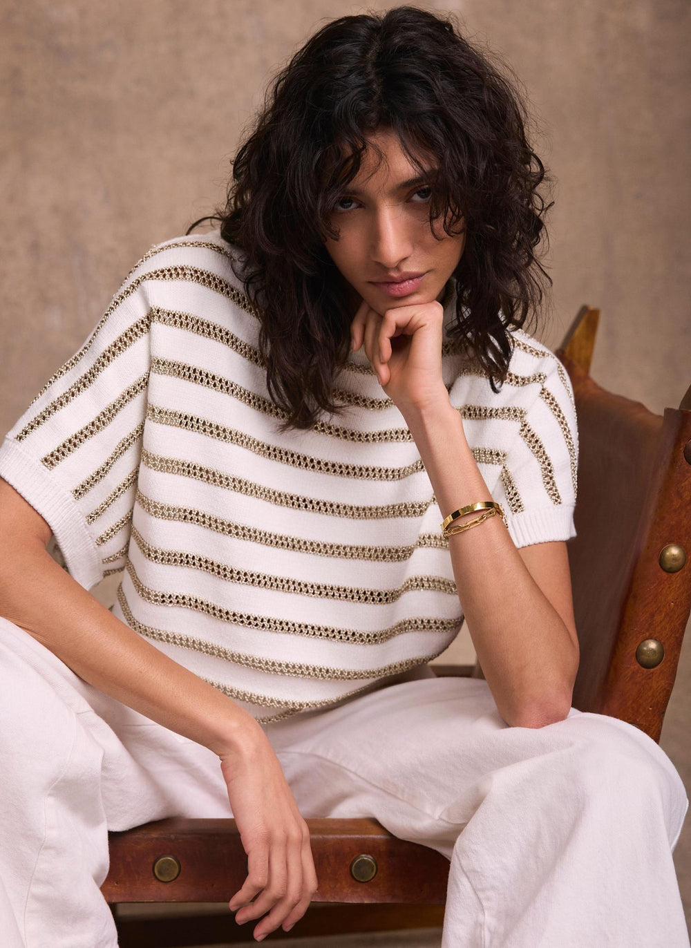 Cream Cotton Blend Metallic Stripe Top