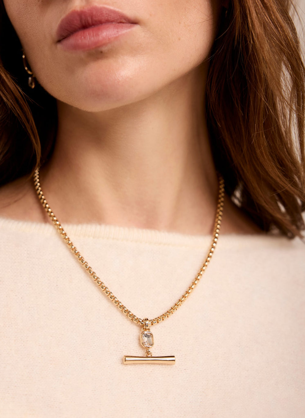 Gold Tone Crystal T Bar Necklace
