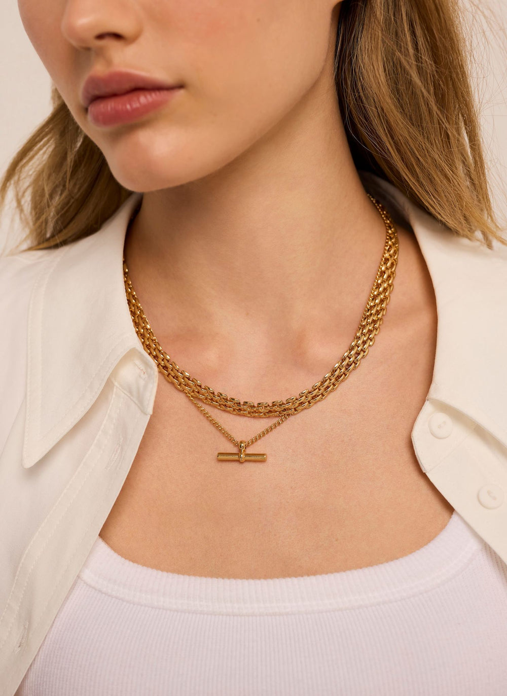 Gold Tone Layered T Bar Necklace