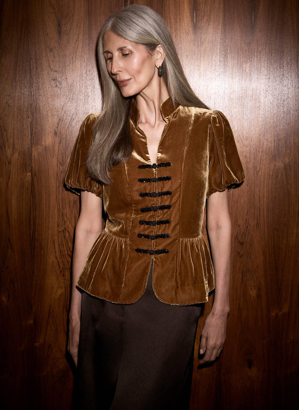 Gold Velvet Mandarin Collar Peplum Top
