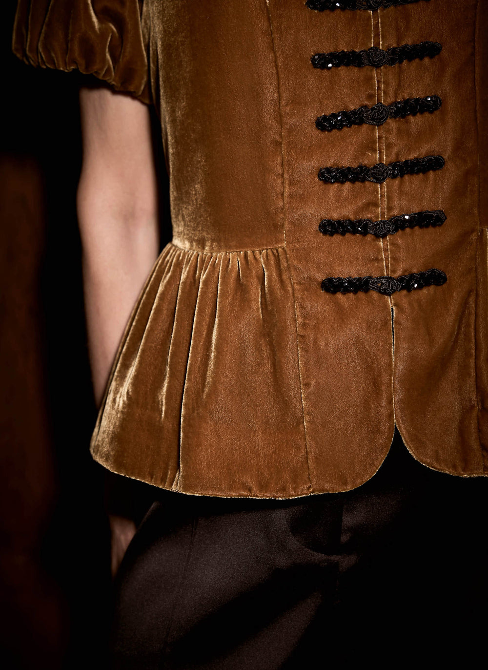 Gold Velvet Mandarin Collar Peplum Top