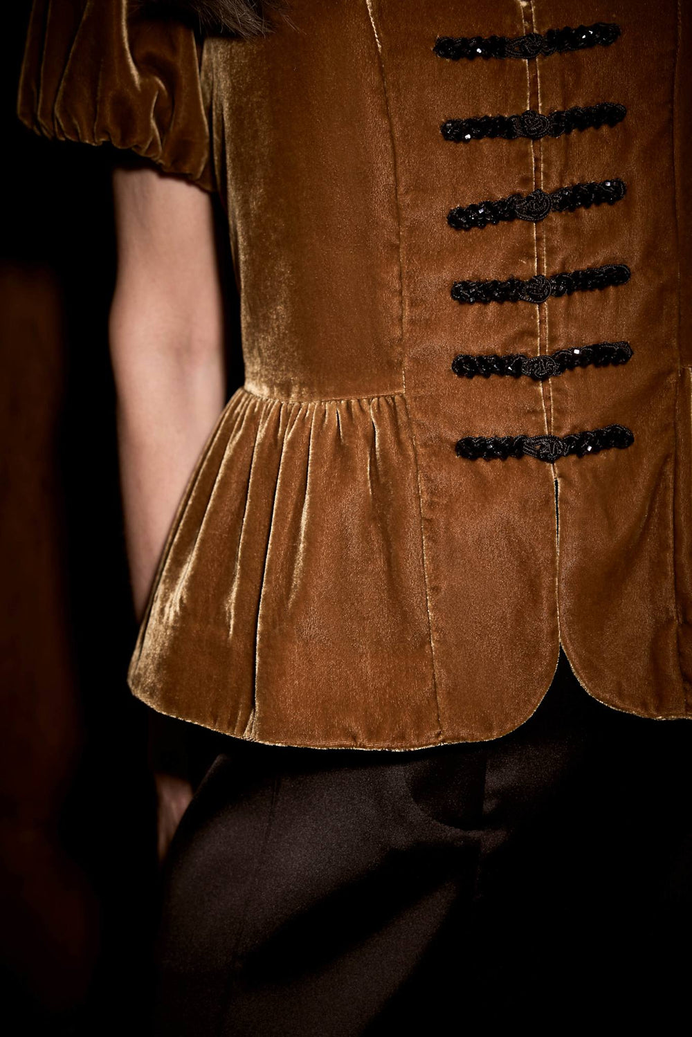 Gold Velvet Mandarin Collar Peplum Top