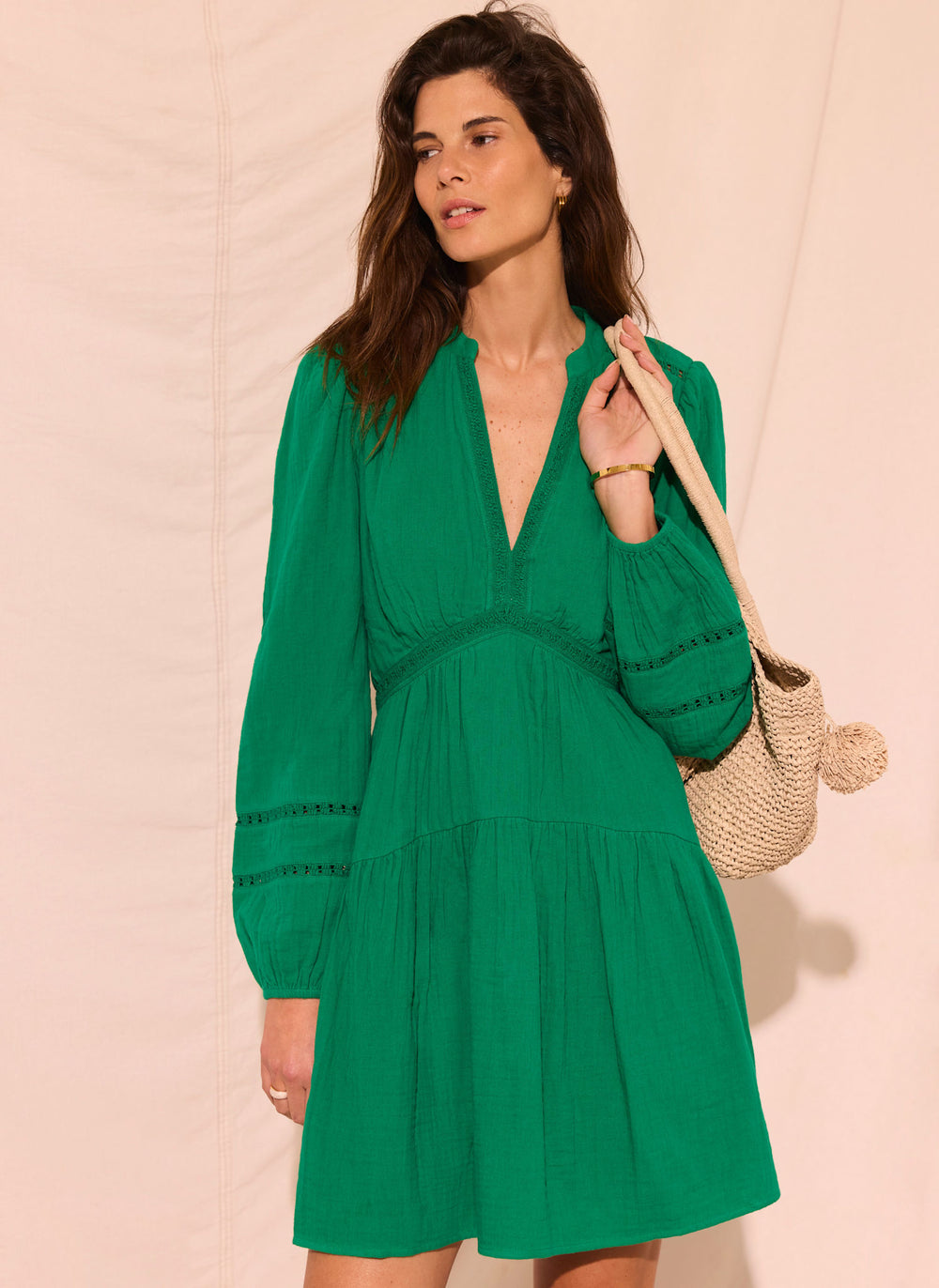 Green Cotton Cheesecloth Mini Dress