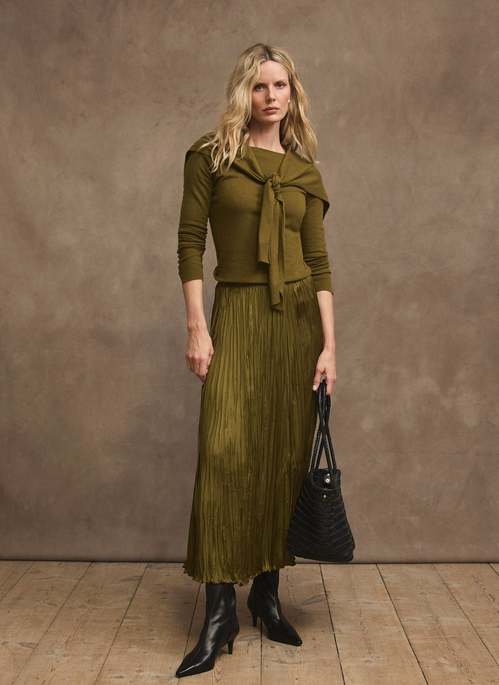 Olive Green Crinkle Maxi Skirt