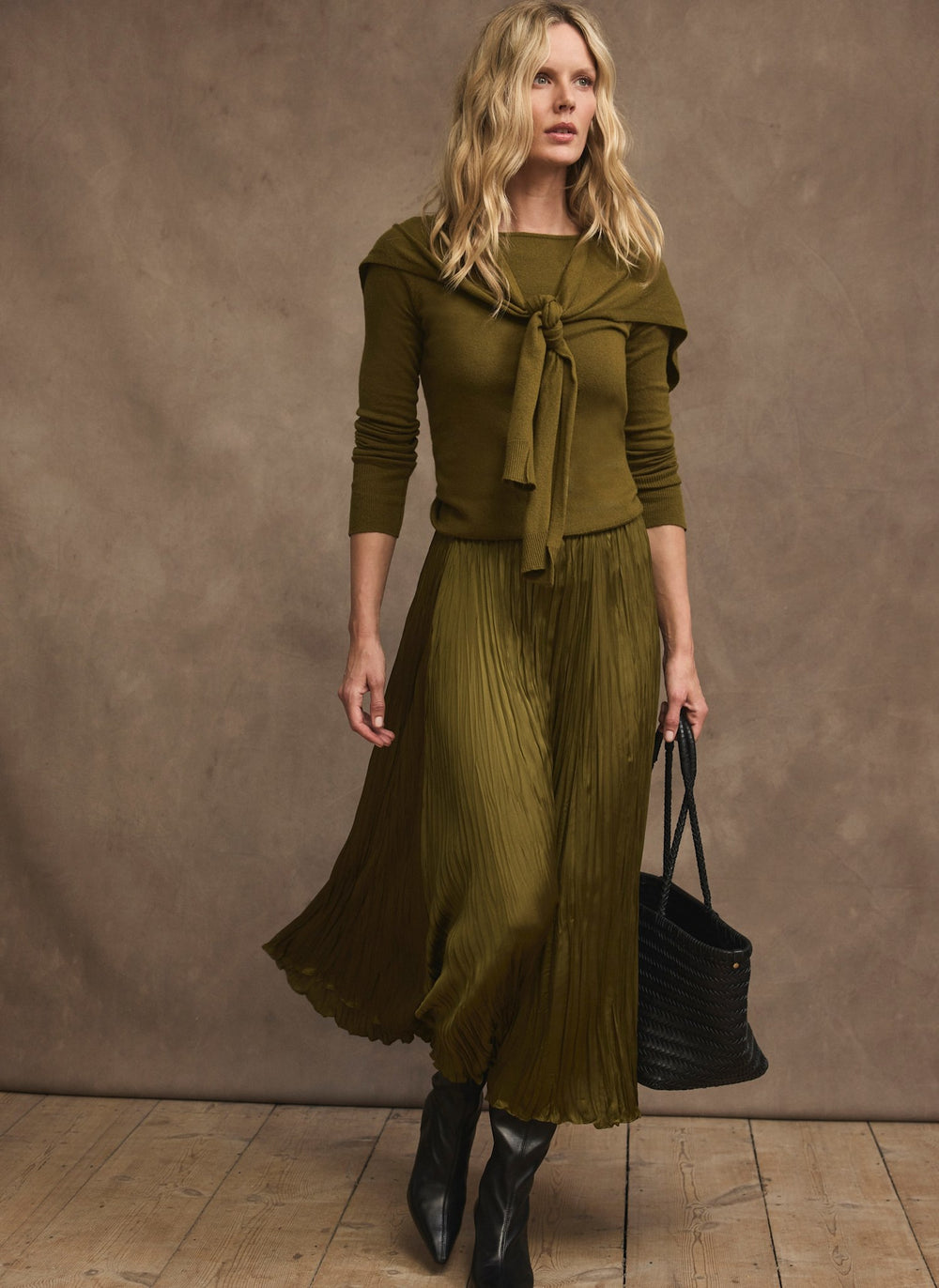 Olive Green Crinkle Maxi Skirt