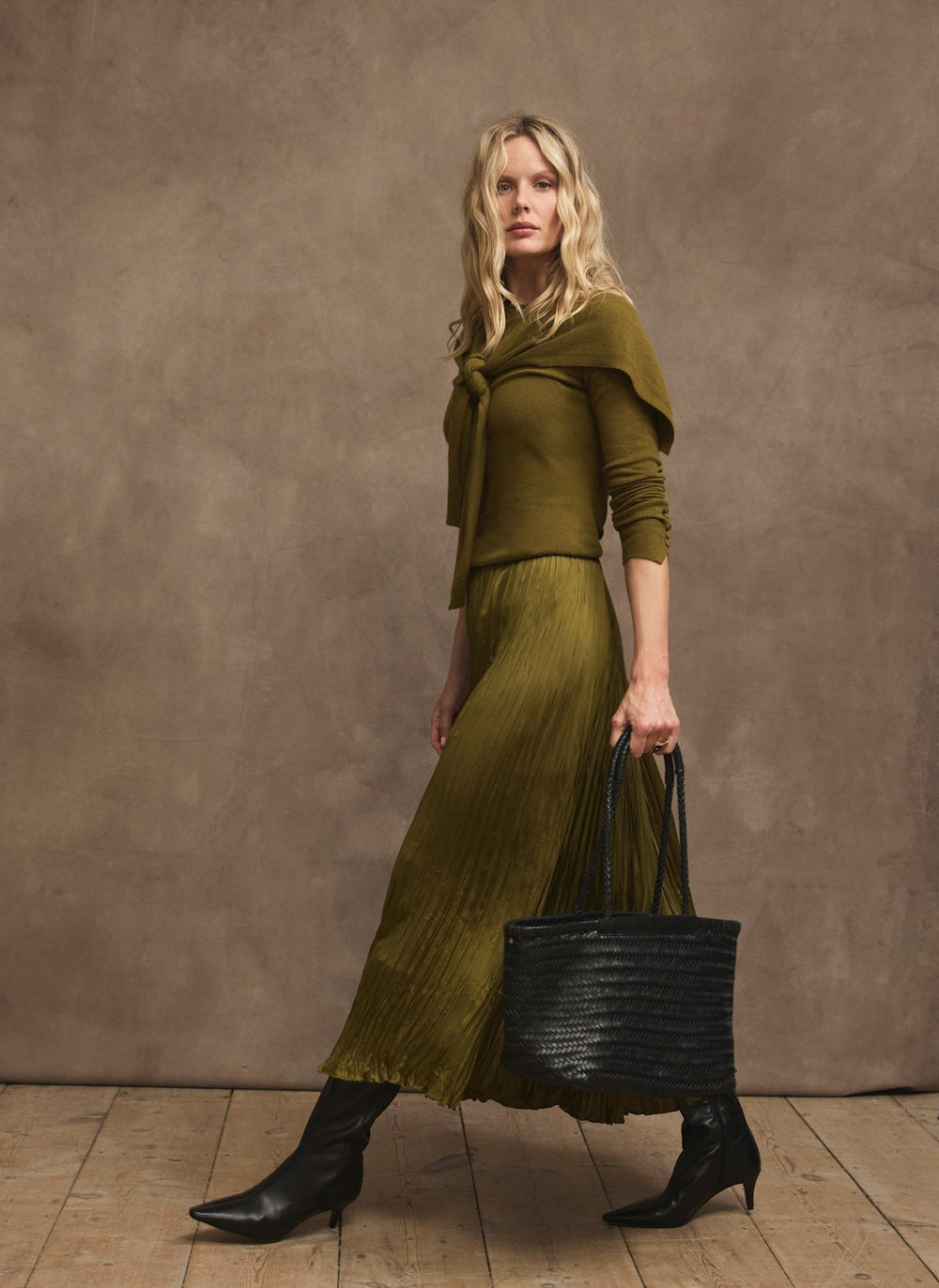 Olive Green Crinkle Maxi Skirt