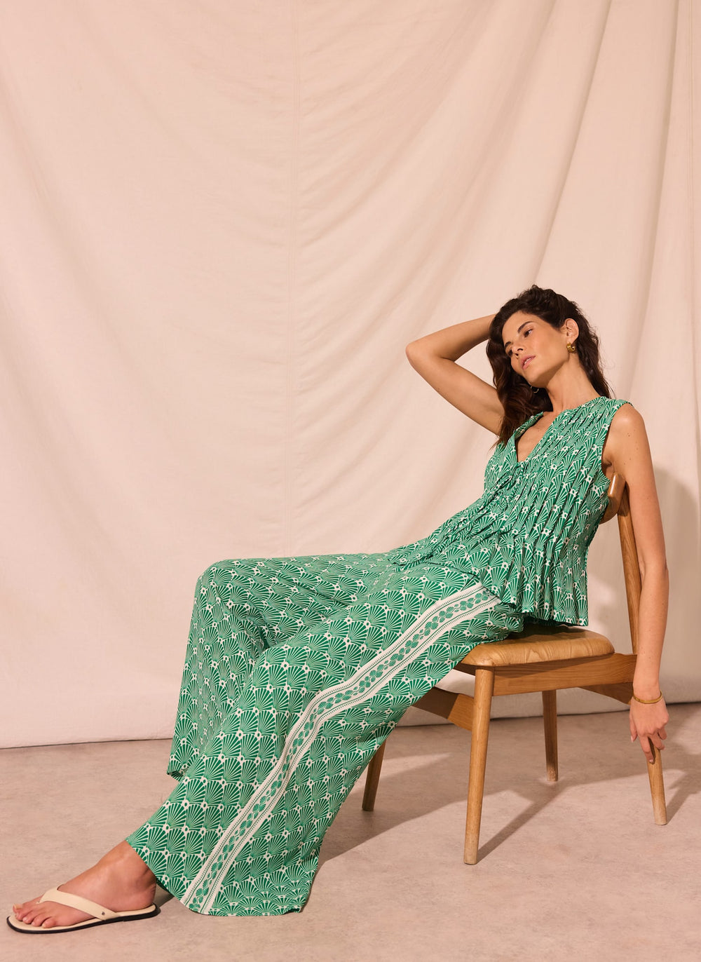 Green Shell Print Wide Leg Trousers