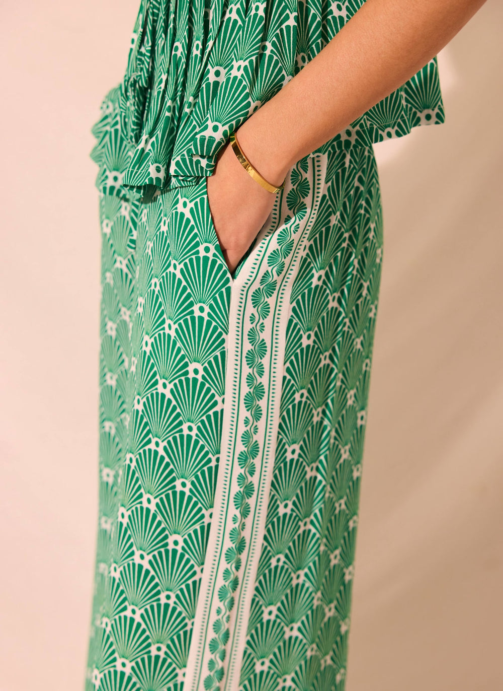 Green Shell Print Wide Leg Trousers