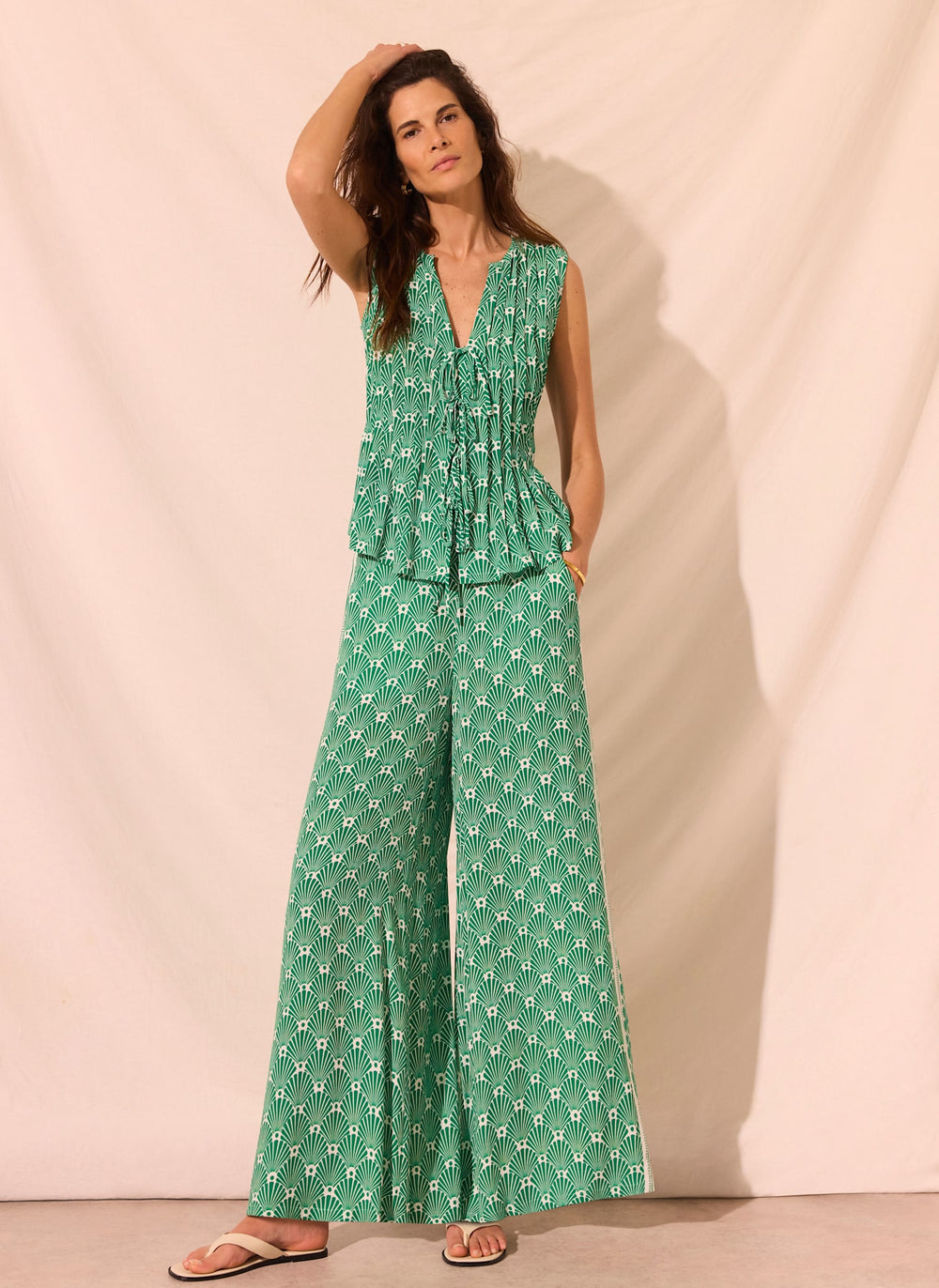 Green Shell Print Wide Leg Trousers