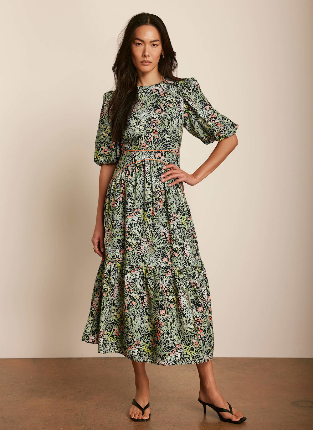 Green Floral Print Midi Dress