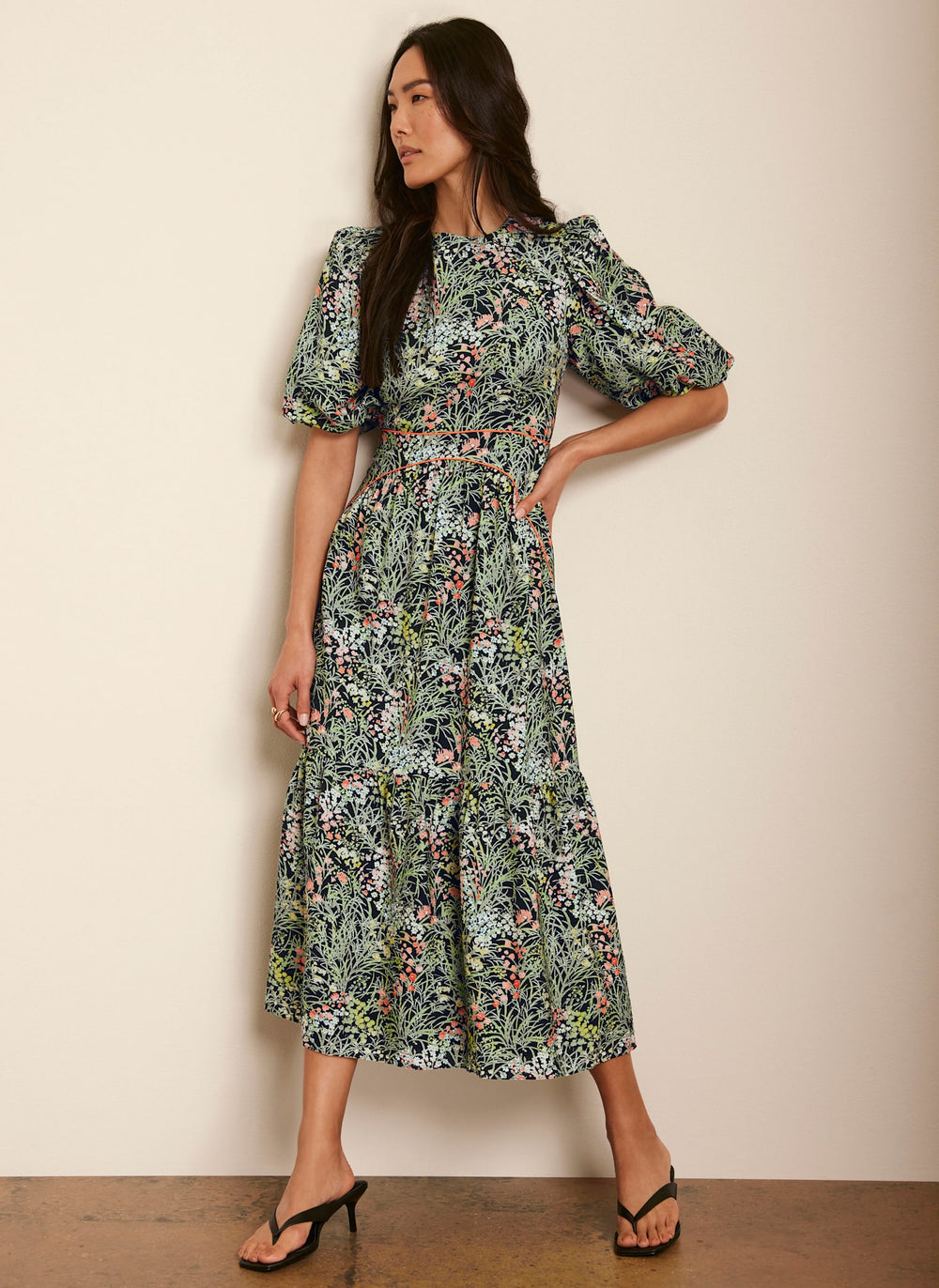 Green Floral Print Midi Dress