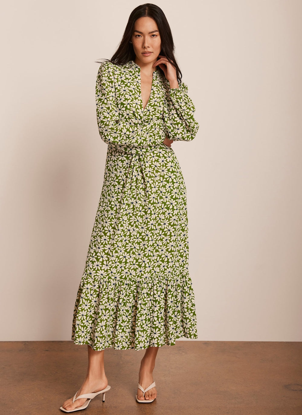 Green Floral Print Midi Dress