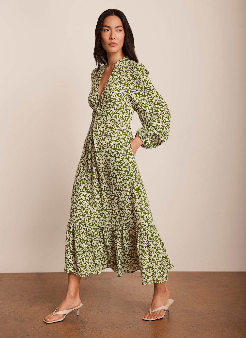 Green Floral Print Midi Dress