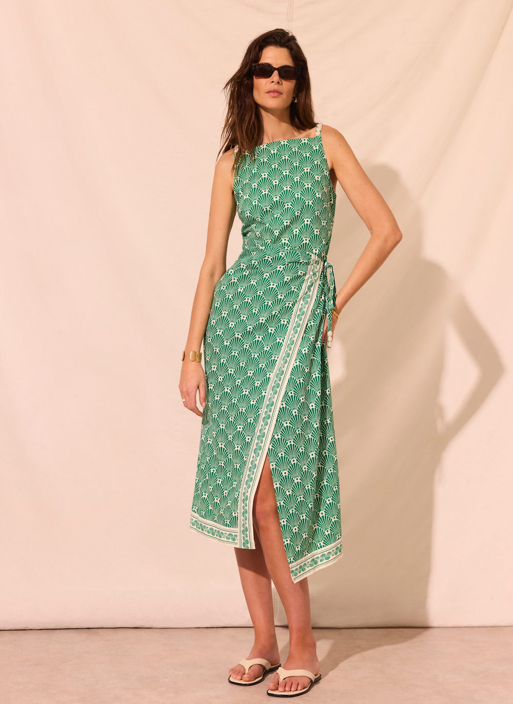 Green Linen Blend Printed Midi Dress
