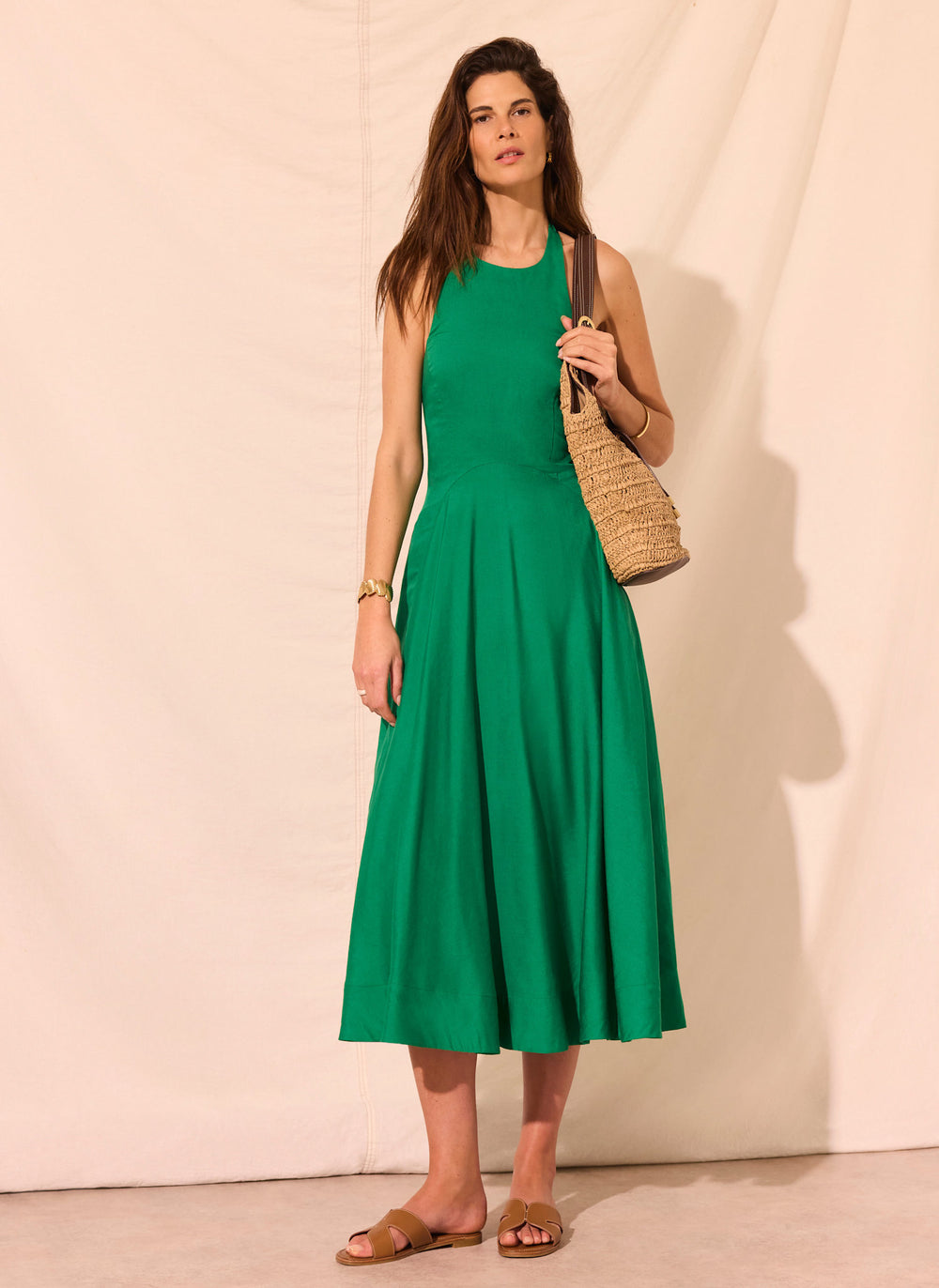 Mint Velvet Green Beige Blend Halter Midi Dress | Size 02 | Green | Sleeveless | Halter Neck