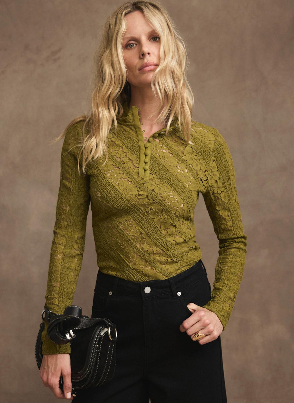 Olive Green Lace Button Detail Top
