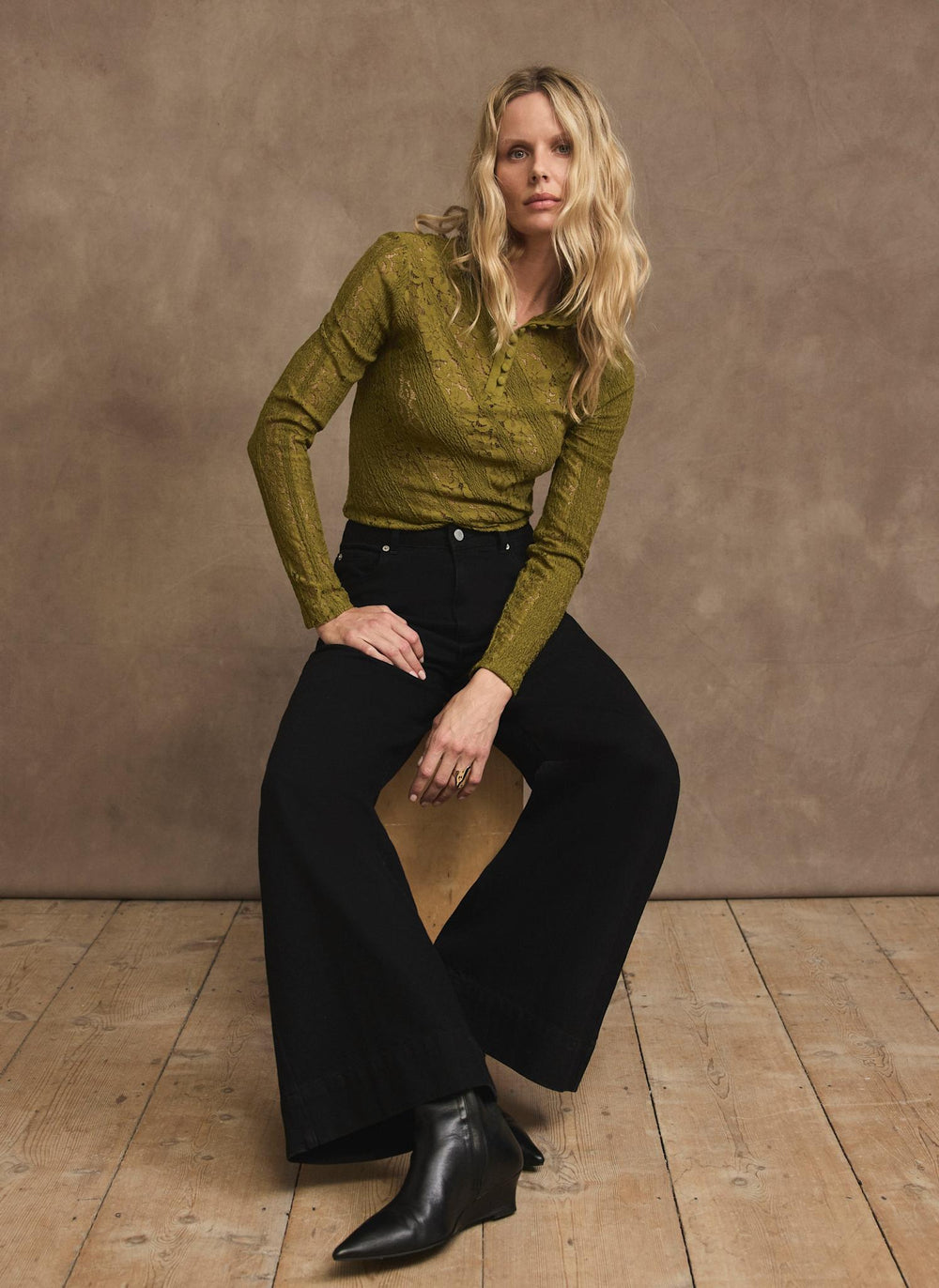 Olive Green Lace Button Detail Top