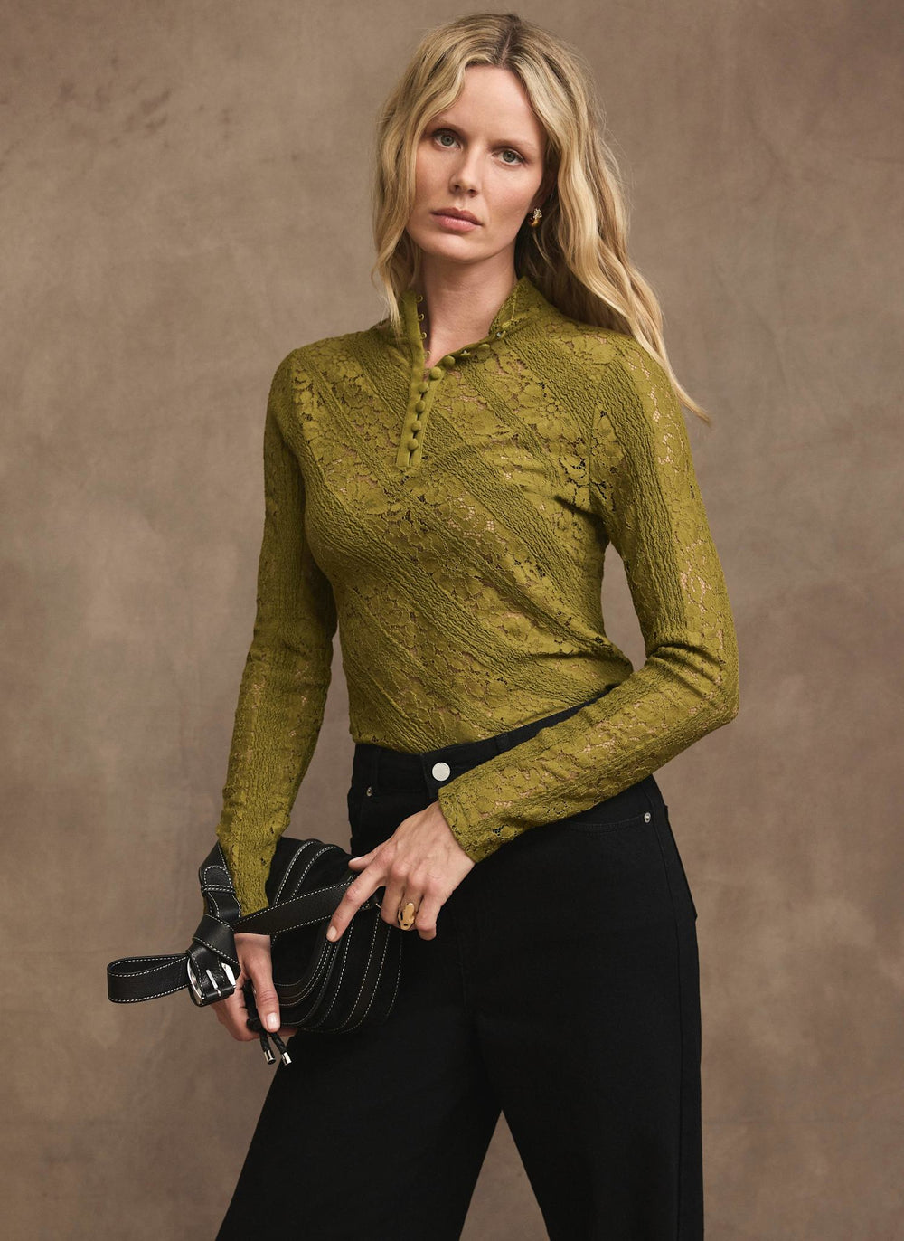 Olive Green Lace Button Detail Top