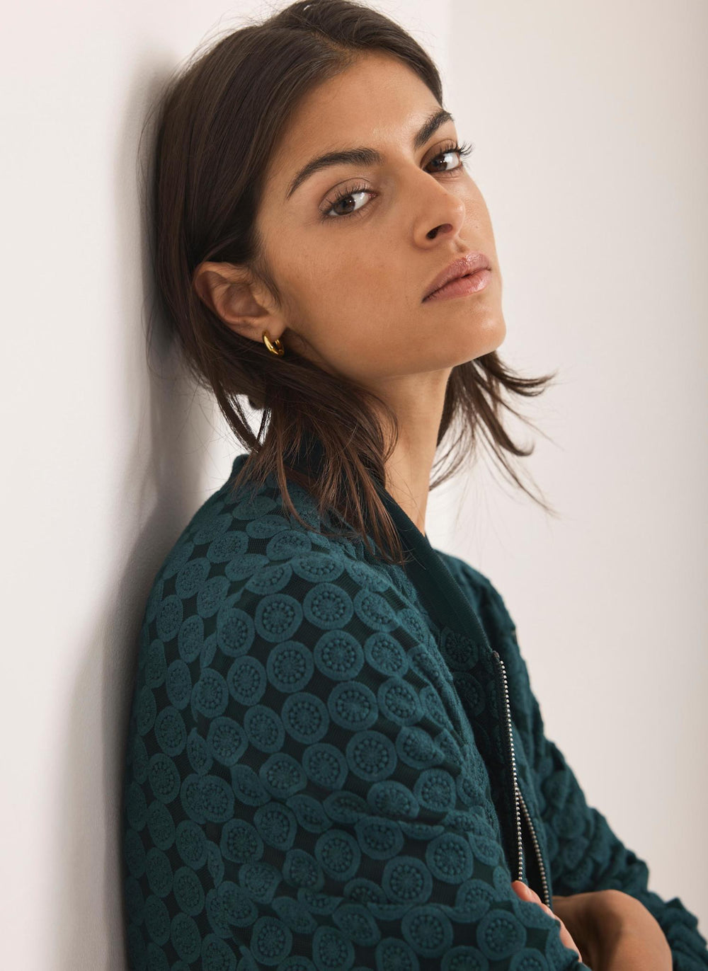 Teal Geometric Lace Bomber Jacket