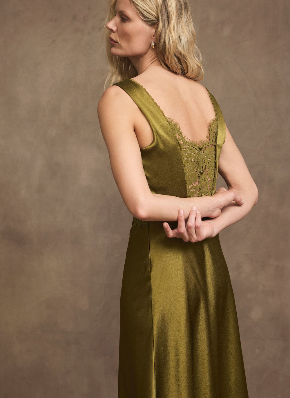 Olive Green Satin Lace Detail Midi Dress