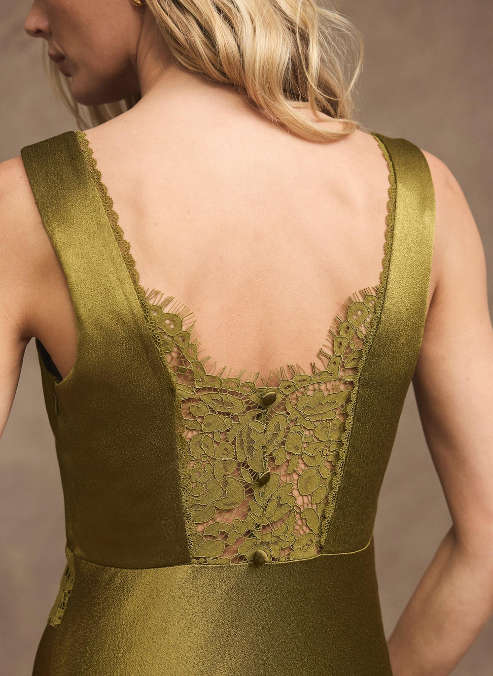 Olive Green Satin Lace Detail Midi Dress
