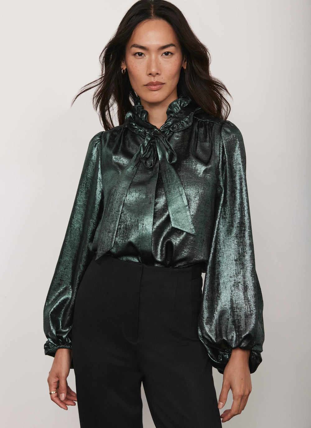 Green Metallic Pussy Bow Blouse