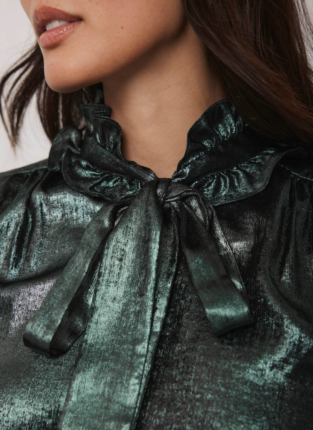 Green Metallic Pussy Bow Blouse