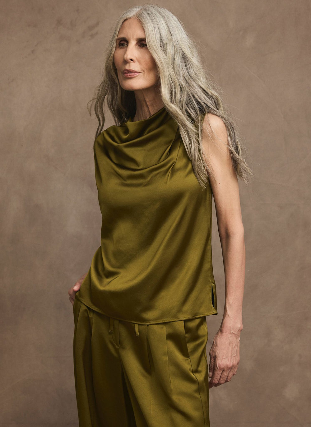 Green Satin Cowl Neck Top