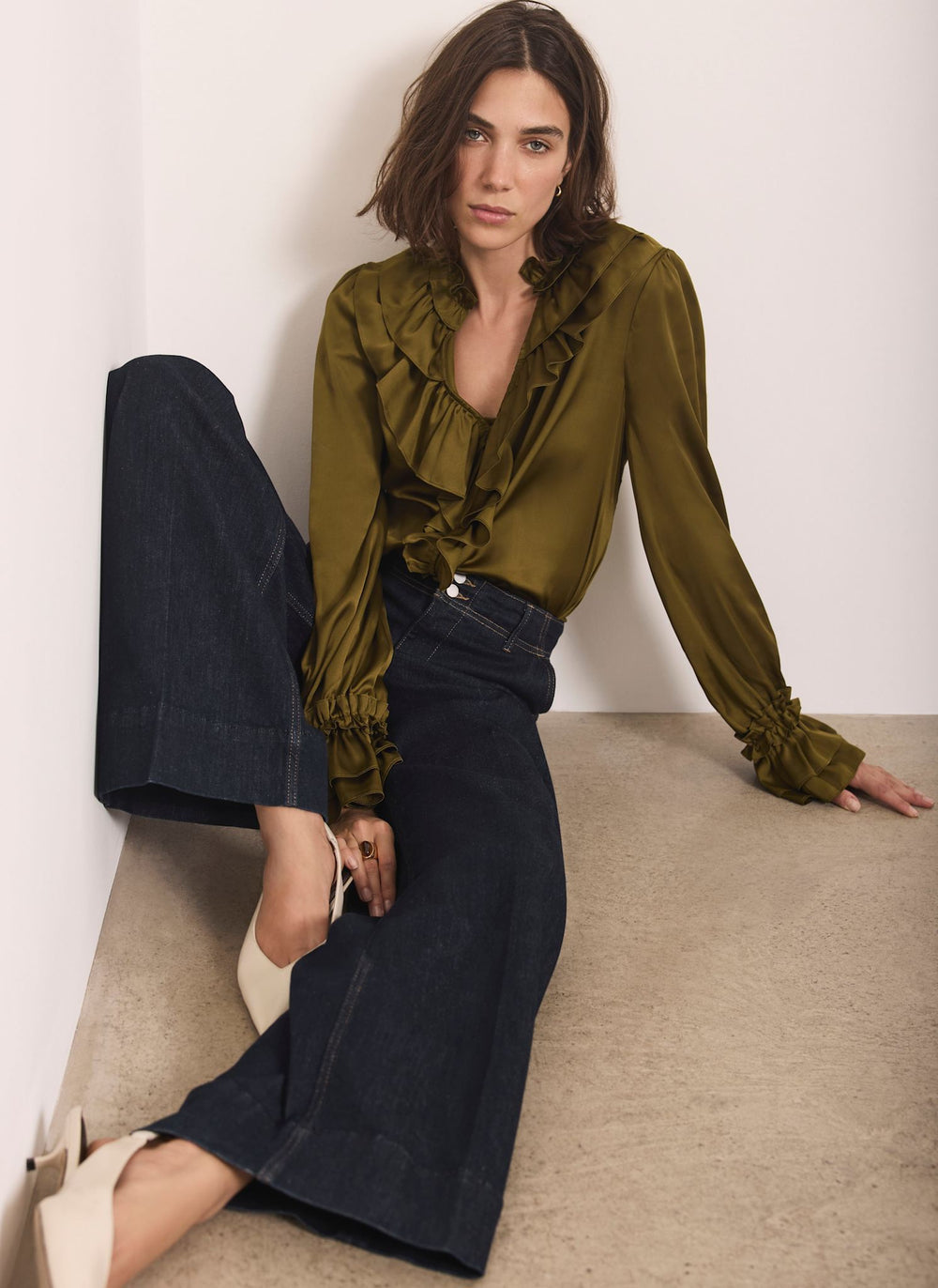 Olive Green Satin Ruffle Blouse