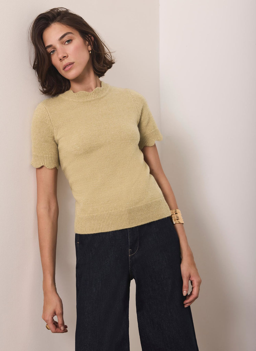 Green Scallop Trim Knit Top