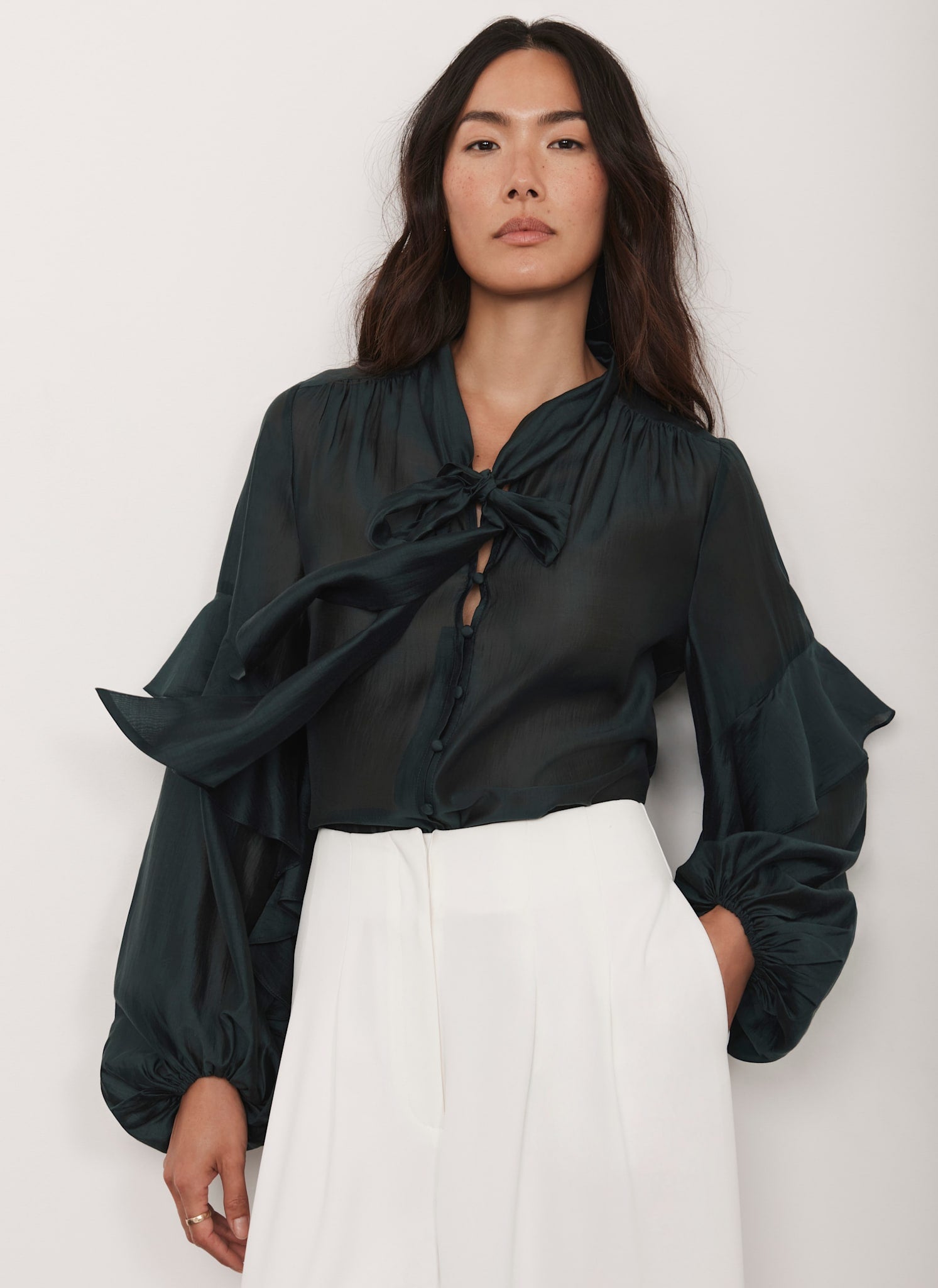 Green Pussy Bow Ruffle Blouse – Mint Velvet