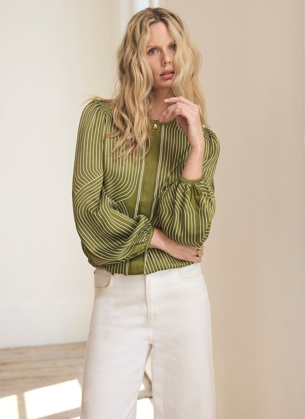 Olive Green Satin Printed Bomber Blouse
