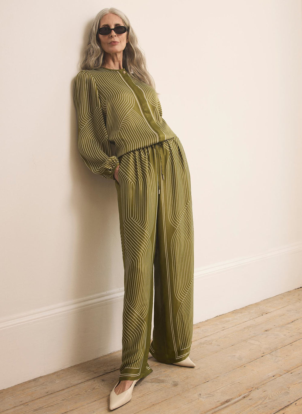 Olive Green Satin Printed Wide Trousers