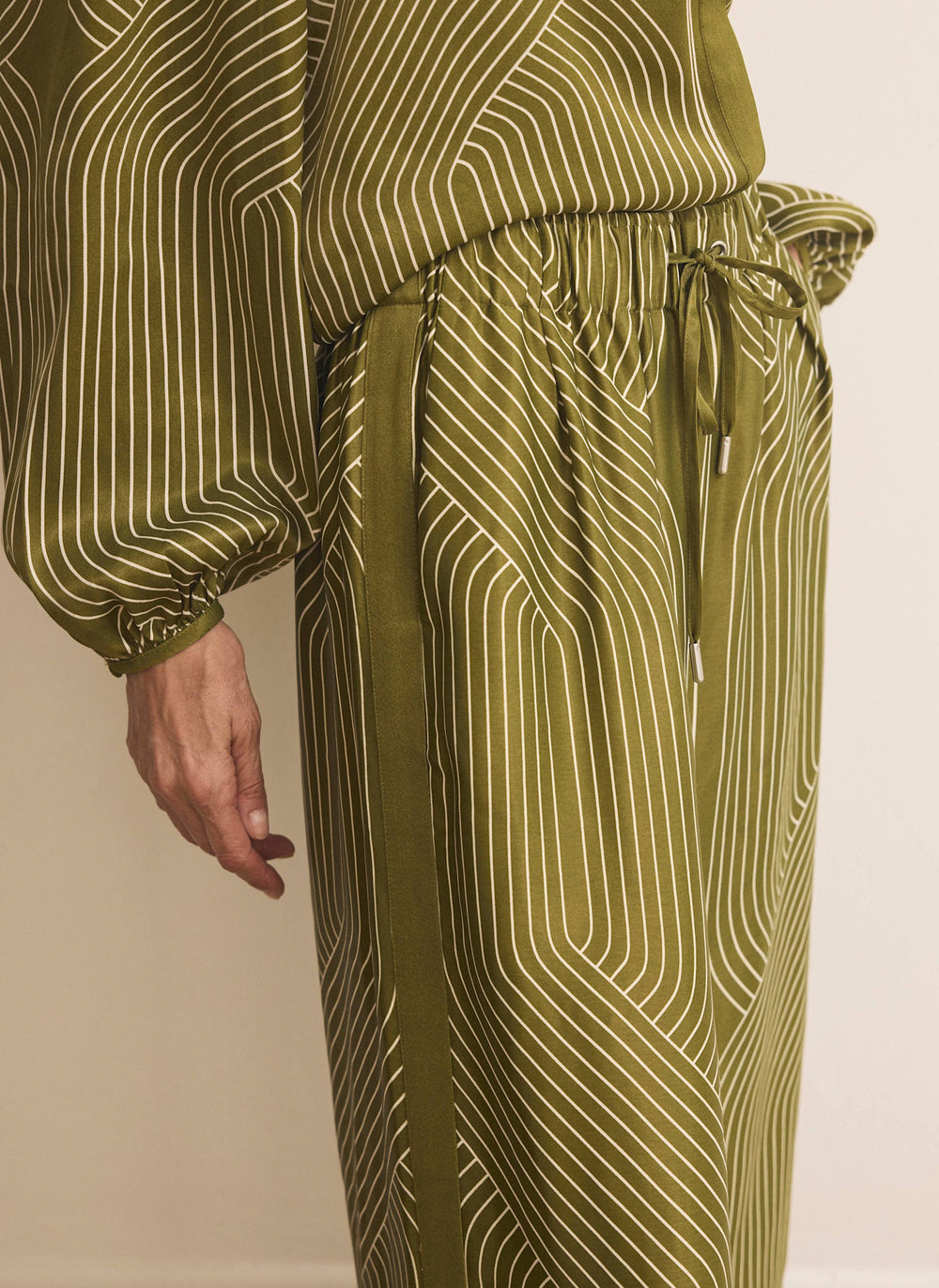 Olive Green Satin Printed Wide Trousers