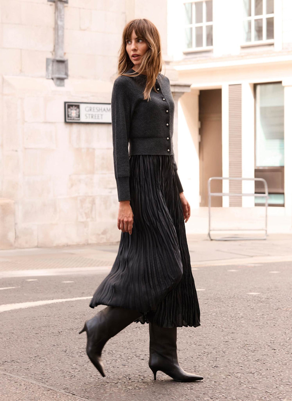 Grey Cardigan Layered Midi Dress