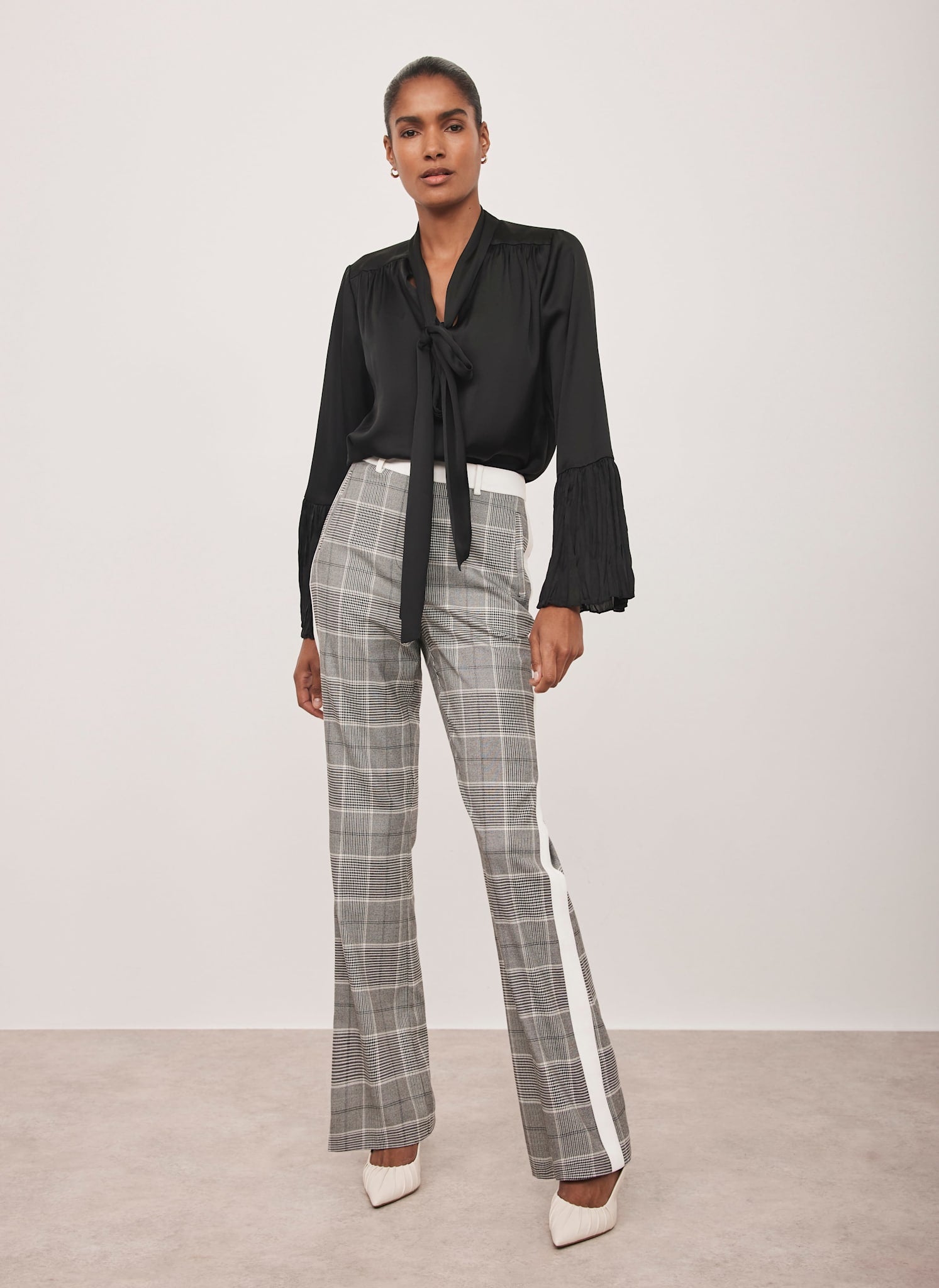 Grey Checked Flared Side Stripe Trousers – Mint Velvet