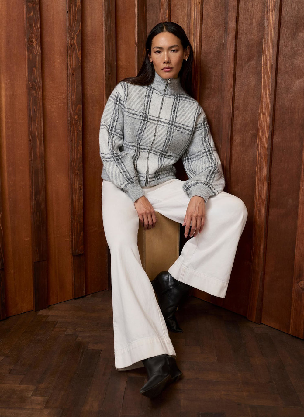 Grey Checked Knit Bomber Jacket