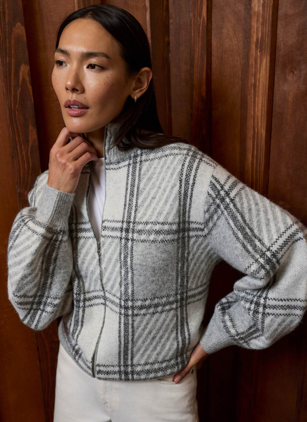 Grey Checked Knit Bomber Jacket