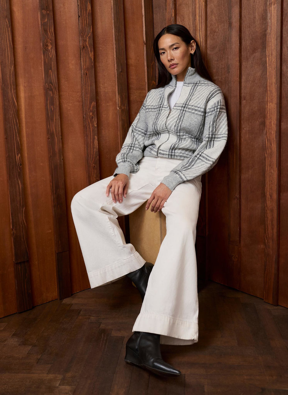 Grey Checked Knit Bomber Jacket