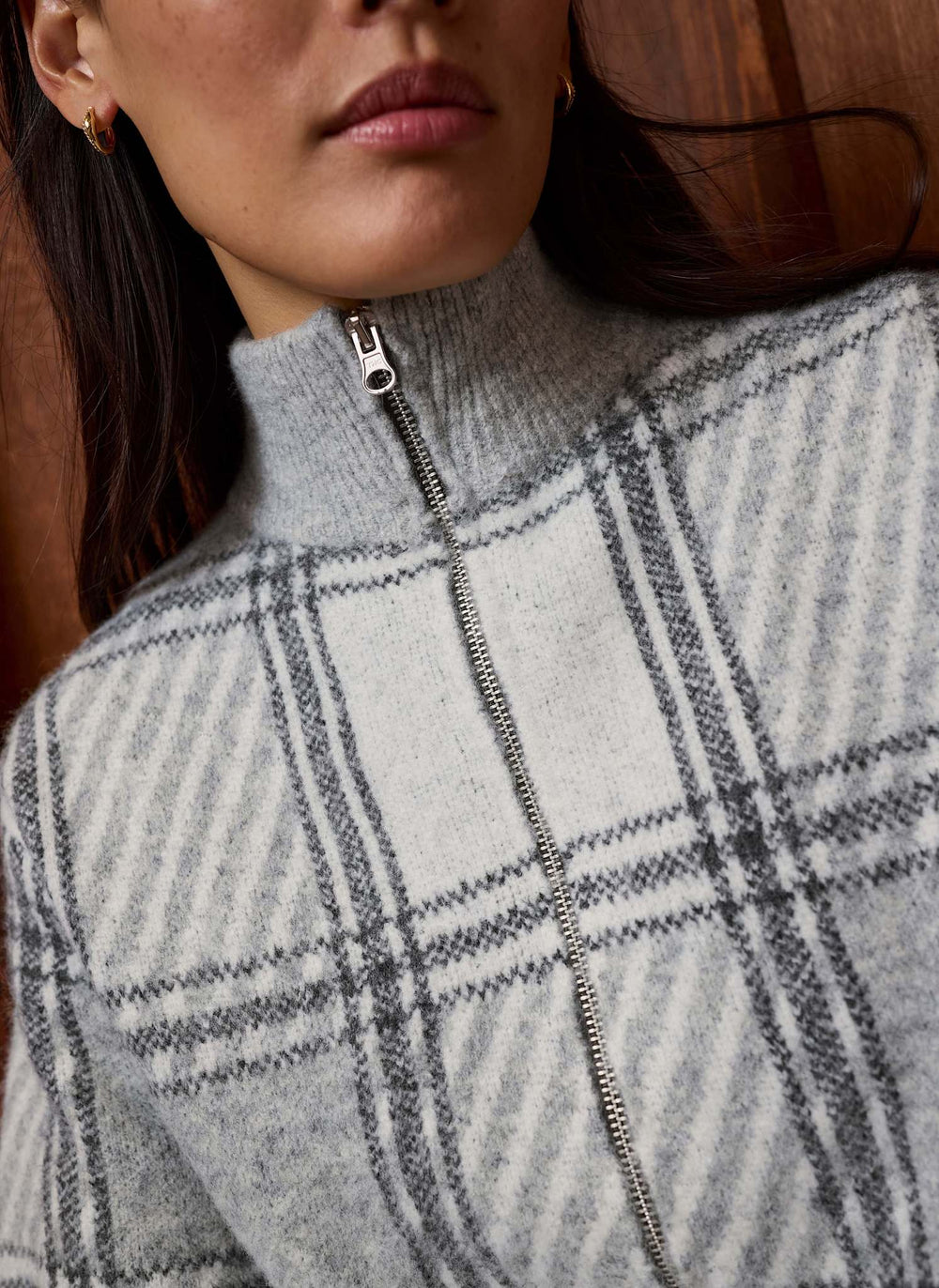 Grey Checked Knit Bomber Jacket